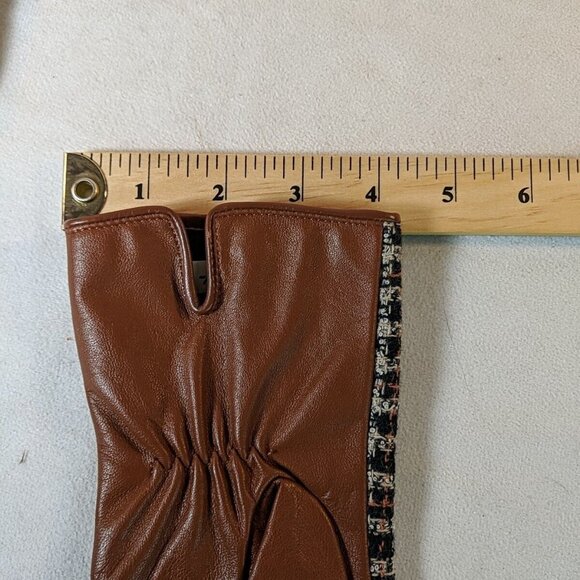 Kenneth Cole Leather Wool Gloves Brown Plaid Tweed Black Women's M Medium Lined - Picture 10 of 10